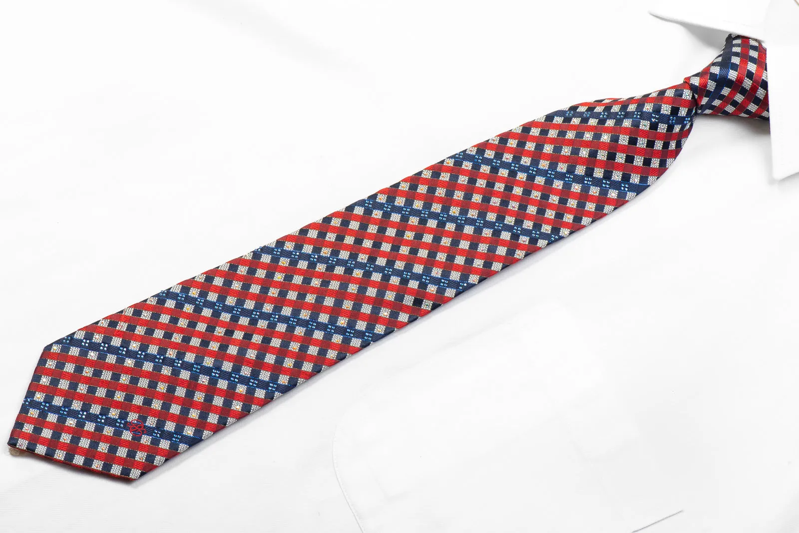 Renoma Rhinestone Silk Necktie Red Blue Silver Striped Checker With Sparkles