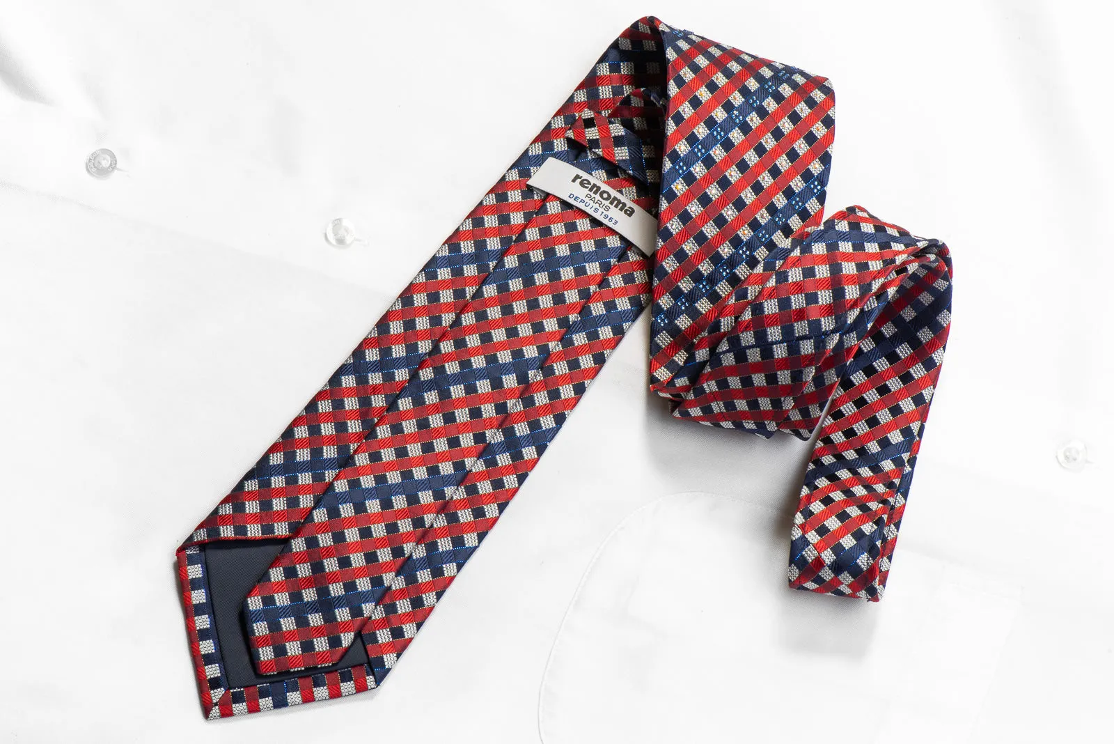 Renoma Rhinestone Silk Necktie Red Blue Silver Striped Checker With Sparkles