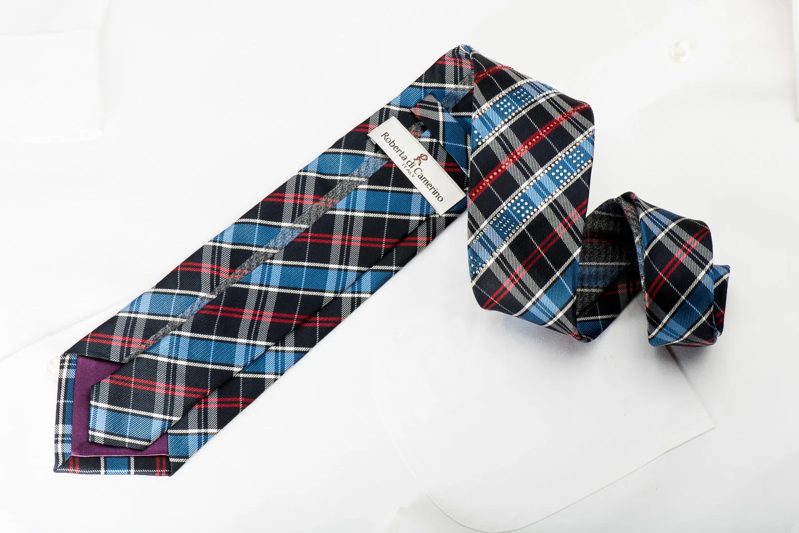 Roberta di Camerino Silk Necktie Red Blue Plaids On Navy With Rhinestones
