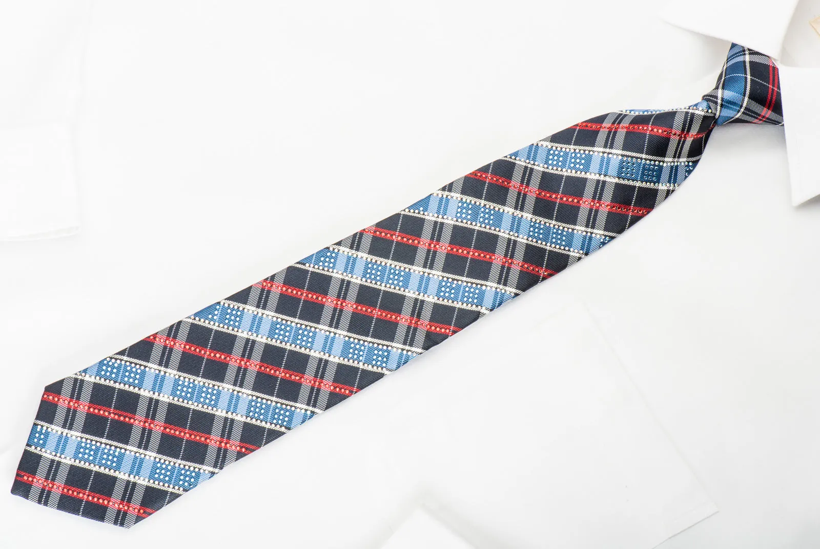 Roberta di Camerino Silk Necktie Red Blue Plaids On Navy With Rhinestones