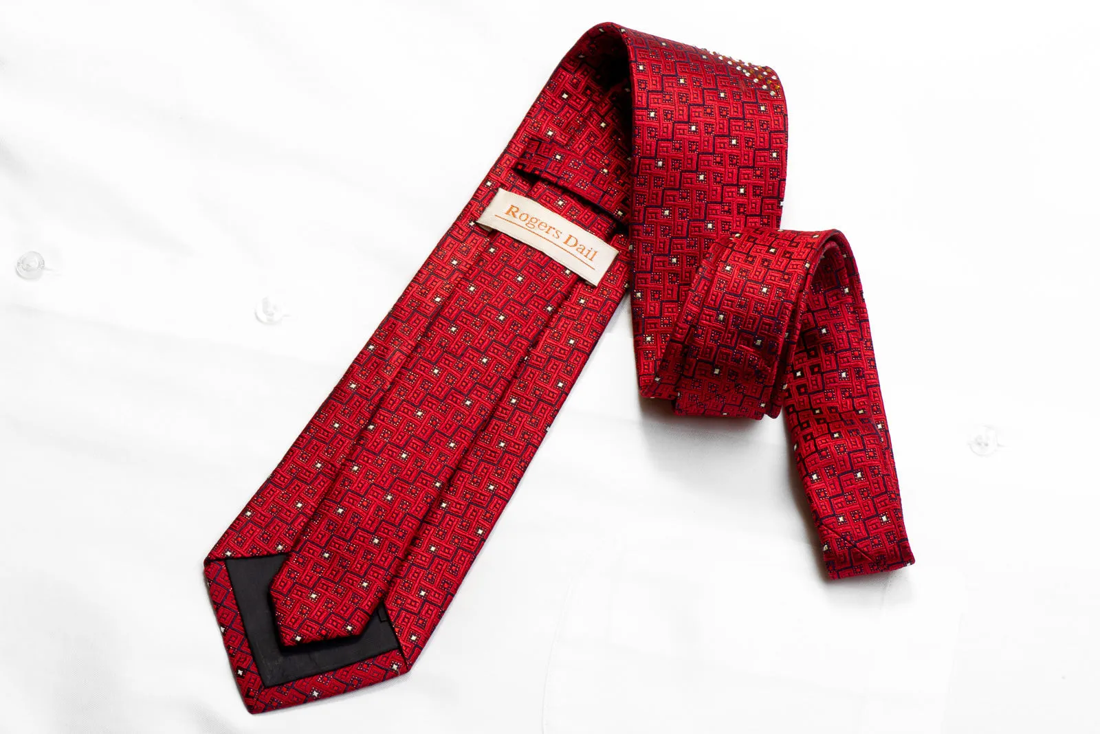 Rogers Dail Rhinestone Tie Burgundy Geometric On Navy With Red Sparkles