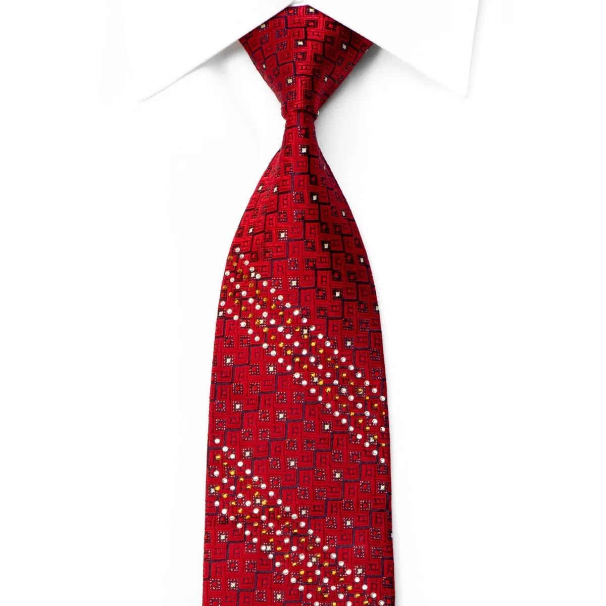 Rogers Dail Rhinestone Tie Burgundy Geometric On Navy With Red Sparkles