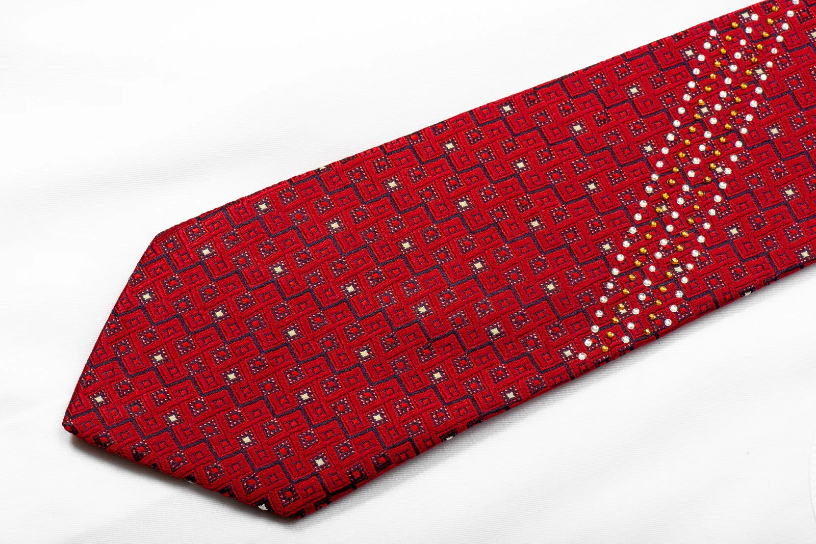 Rogers Dail Rhinestone Tie Burgundy Geometric On Navy With Red Sparkles