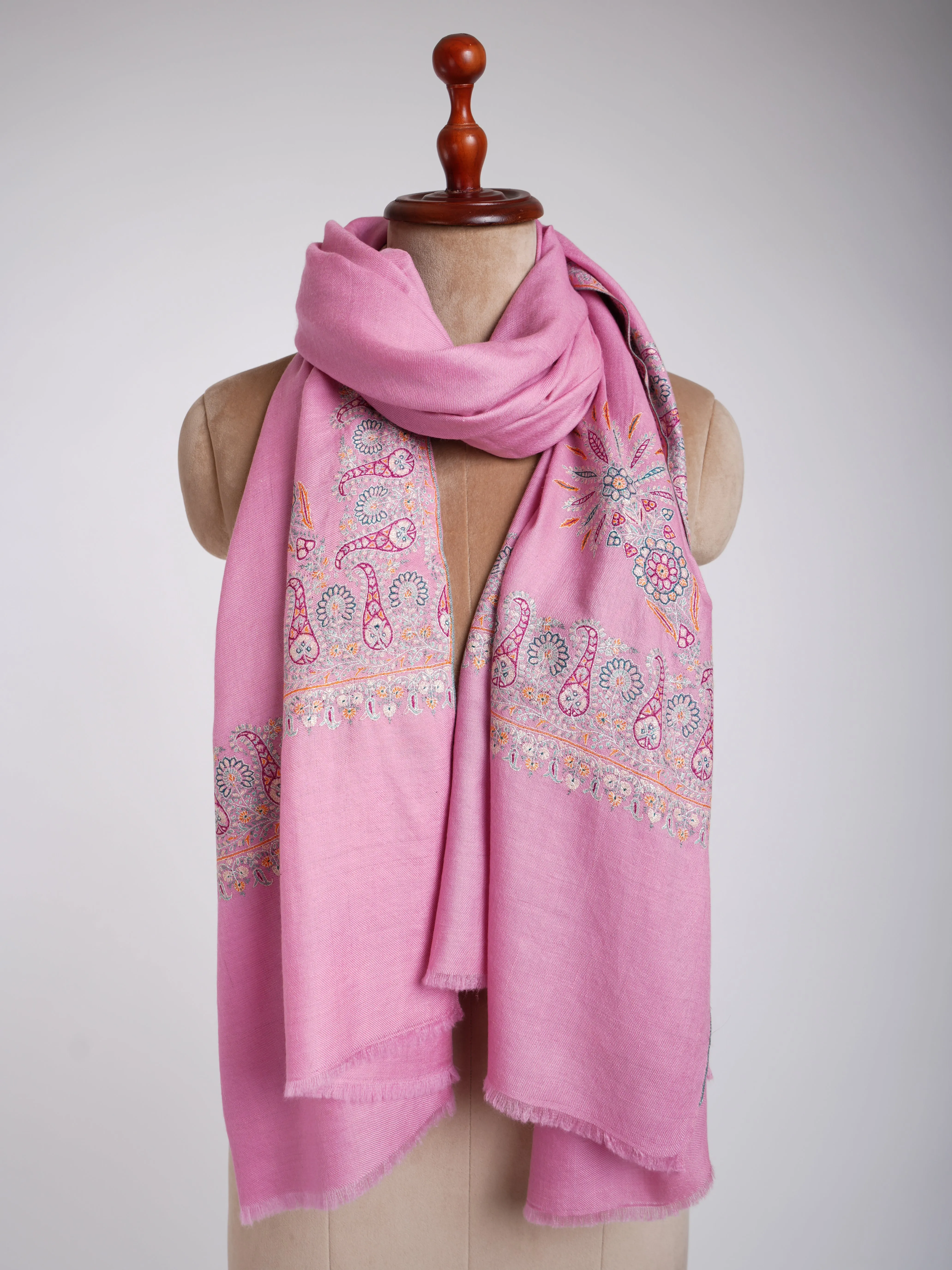 Sozni Daur Dar Hand Embroidered Pashmina Pink