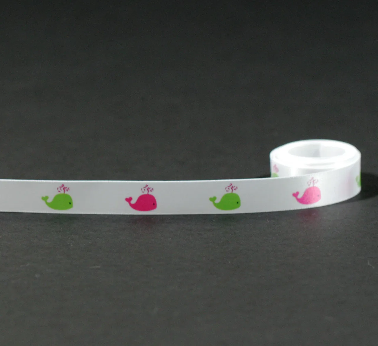 Spouting Whales Ribbon in Green and Pink on 5/8" White Single Face Satin