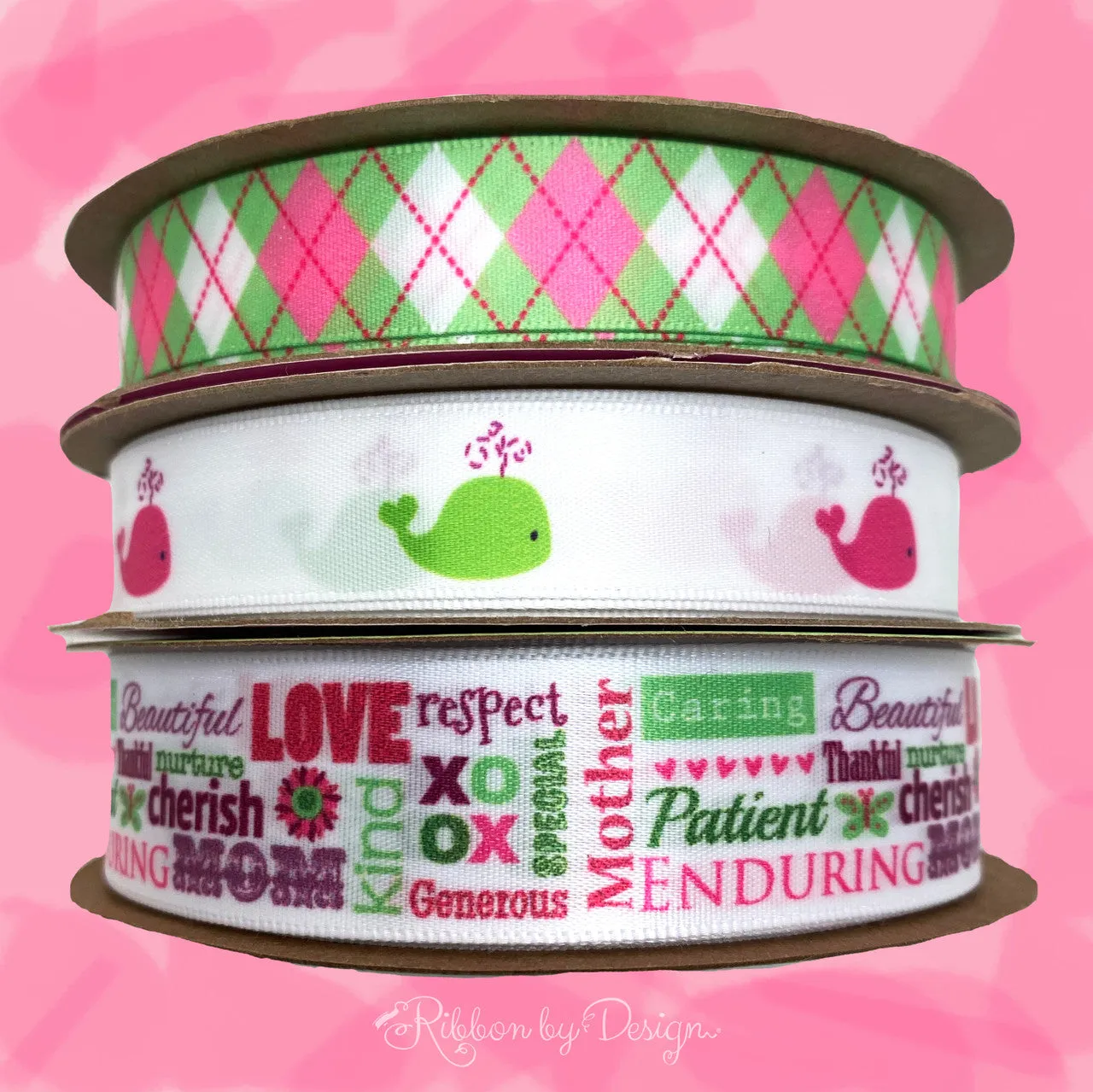 Spouting Whales Ribbon in Green and Pink on 5/8" White Single Face Satin