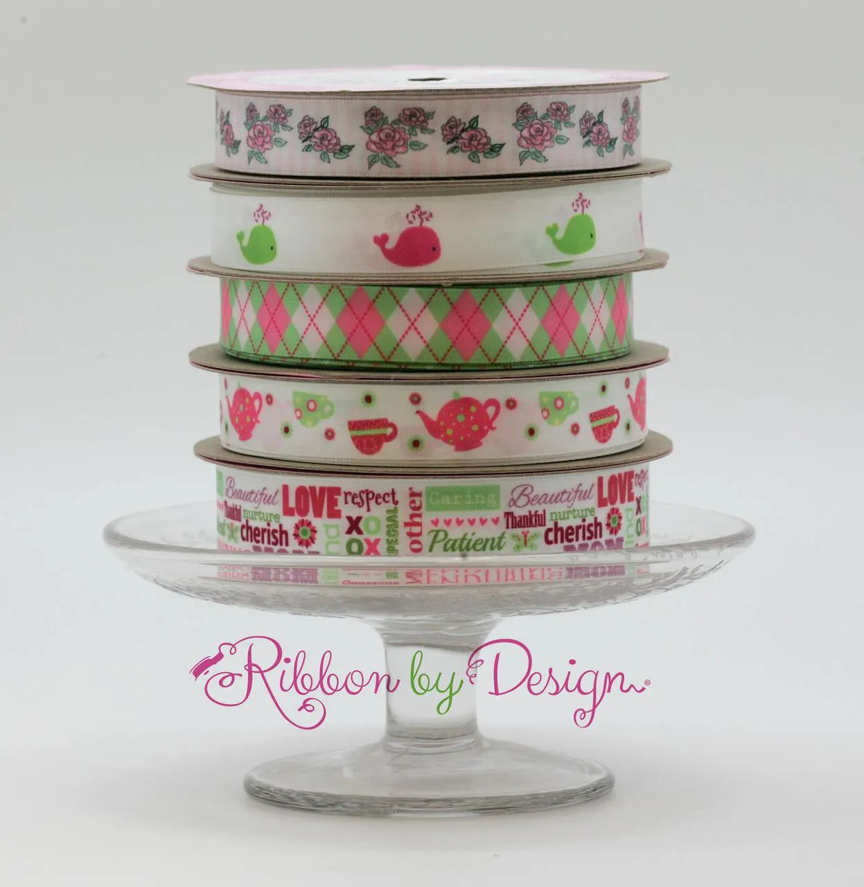 Spouting Whales Ribbon in Green and Pink on 5/8" White Single Face Satin