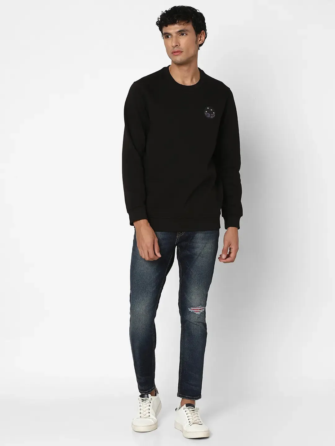 Spykar Men Black Blended Slim Fit Full Sleeve Round Neck Plain Casual Sweatshirt