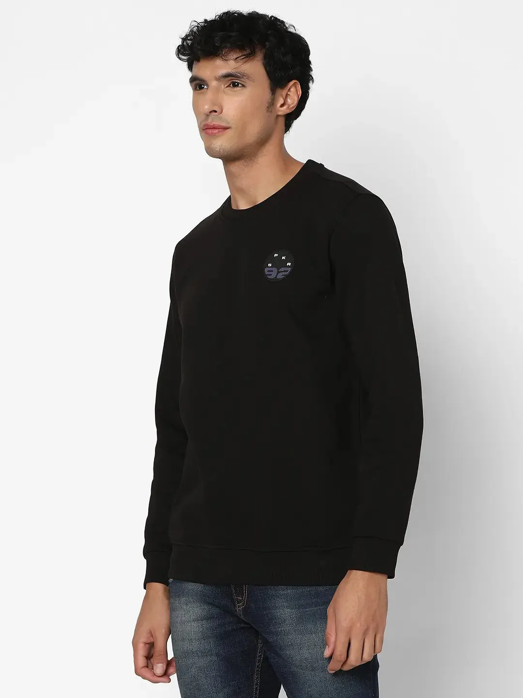 Spykar Men Black Blended Slim Fit Full Sleeve Round Neck Plain Casual Sweatshirt