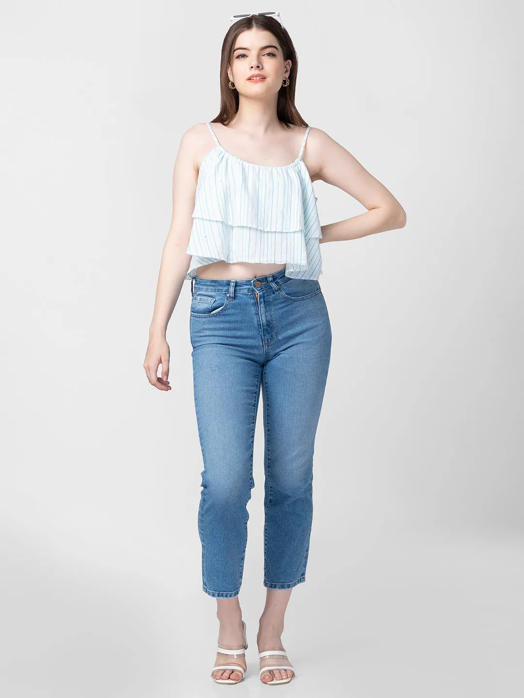 Spykar Women White Cotton Sleeveless Crop Top