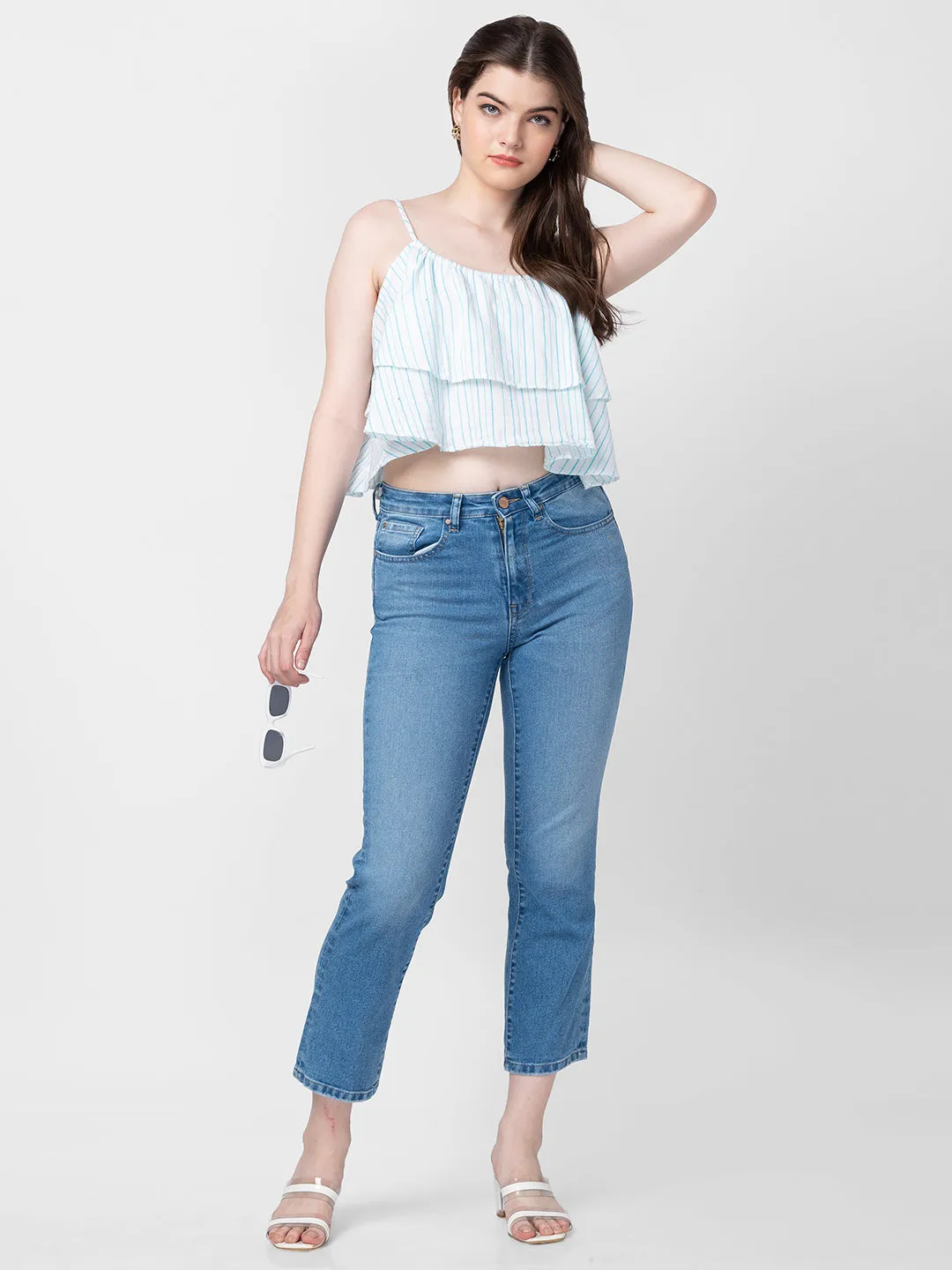 Spykar Women White Cotton Sleeveless Crop Top