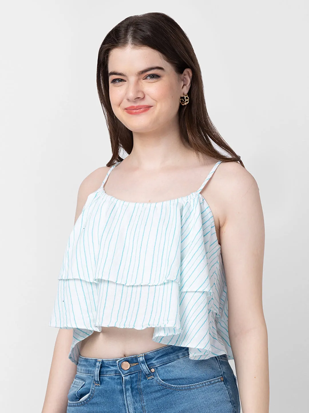 Spykar Women White Cotton Sleeveless Crop Top