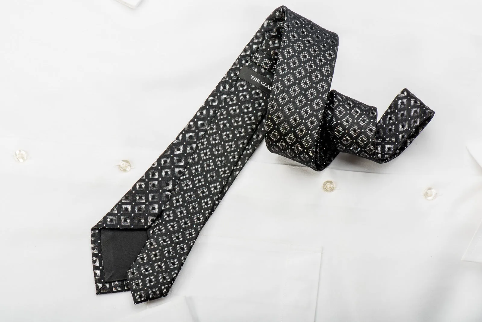 The Class Men's Skinny Necktie Silver Neat Squares On Black