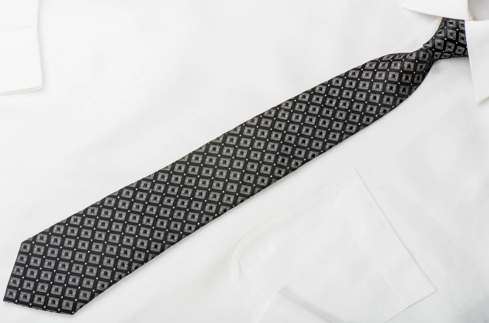 The Class Men's Skinny Necktie Silver Neat Squares On Black