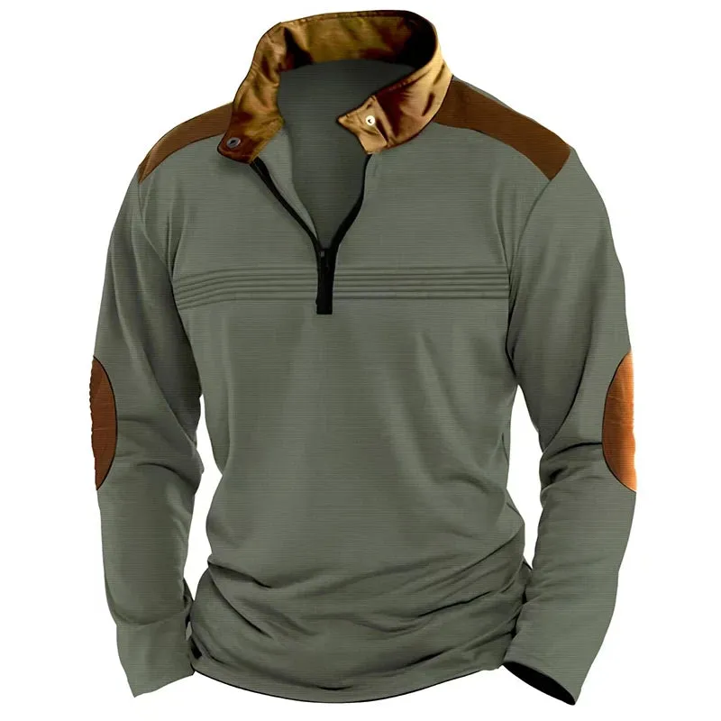 Wiaofellas  -  Fashion Patchwork Stand Collar Sweatshirt Men Winter Long Sleeve Autumn Hoodie Male Vintage Zip-up Loose Sweatshirts Casual Top