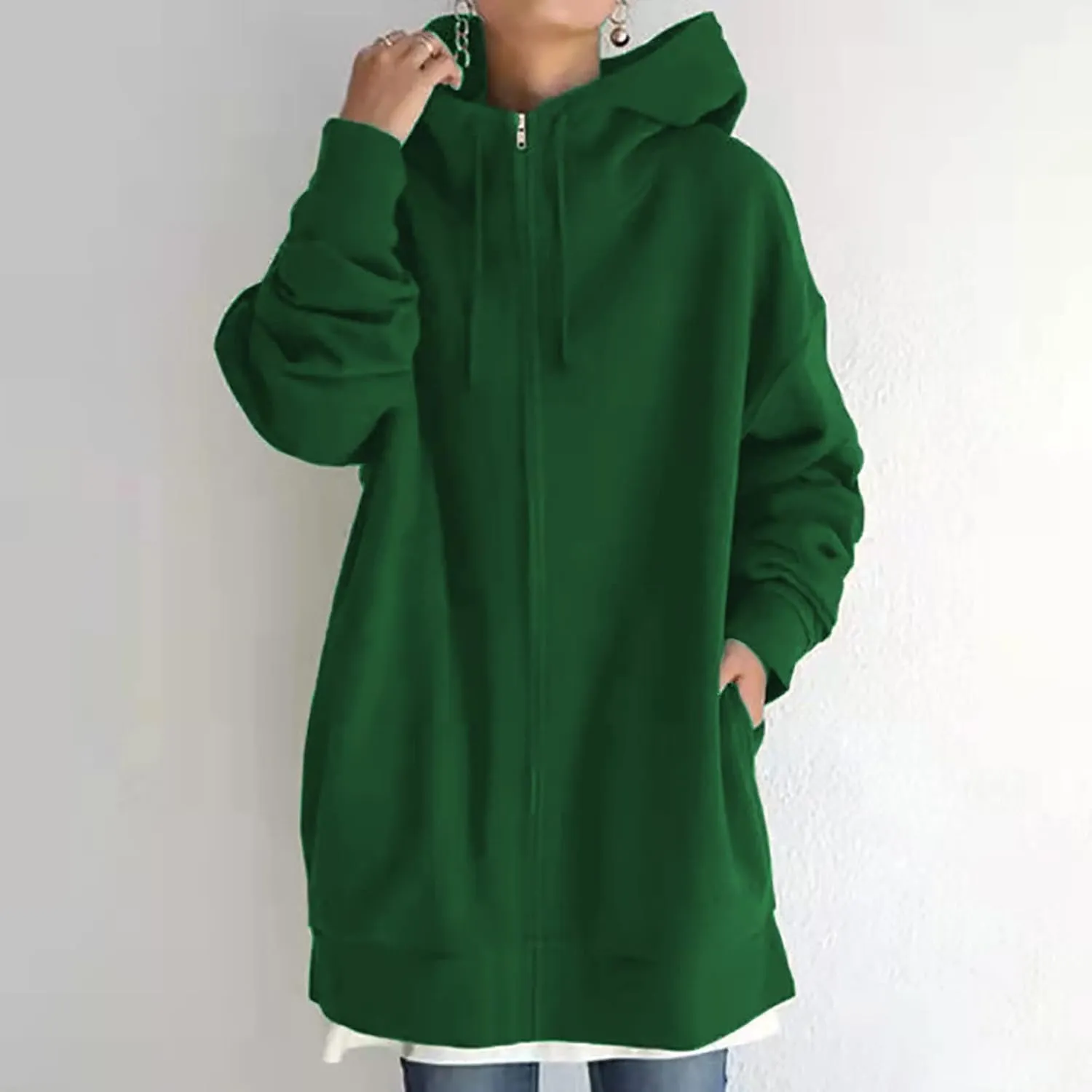 Women Long Sweatshirt Pullover Long Sleeve Solid Color Zip Up Hoodies Slim Fit Casual Fall Winter Shirts with Pocket