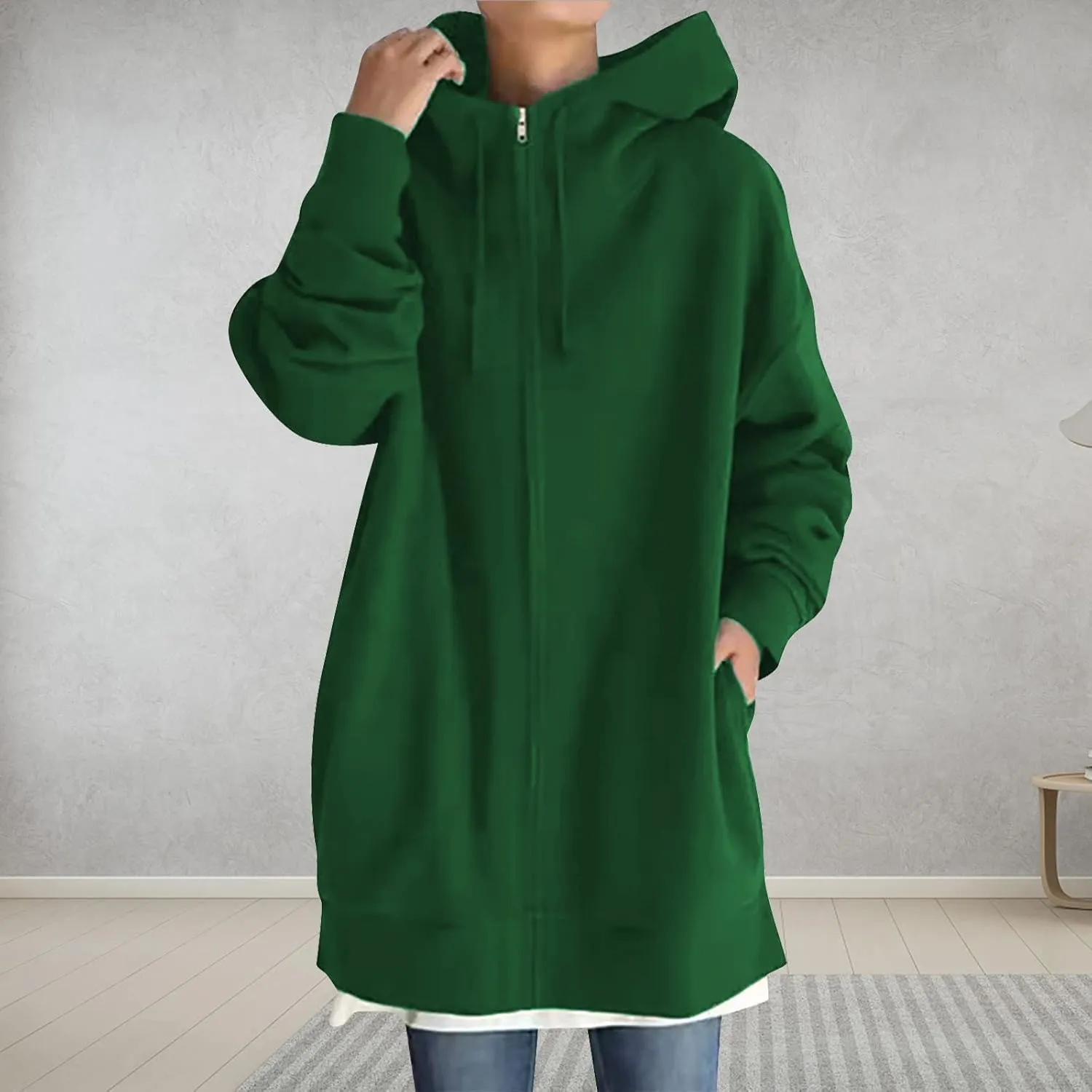 Women Long Sweatshirt Pullover Long Sleeve Solid Color Zip Up Hoodies Slim Fit Casual Fall Winter Shirts with Pocket