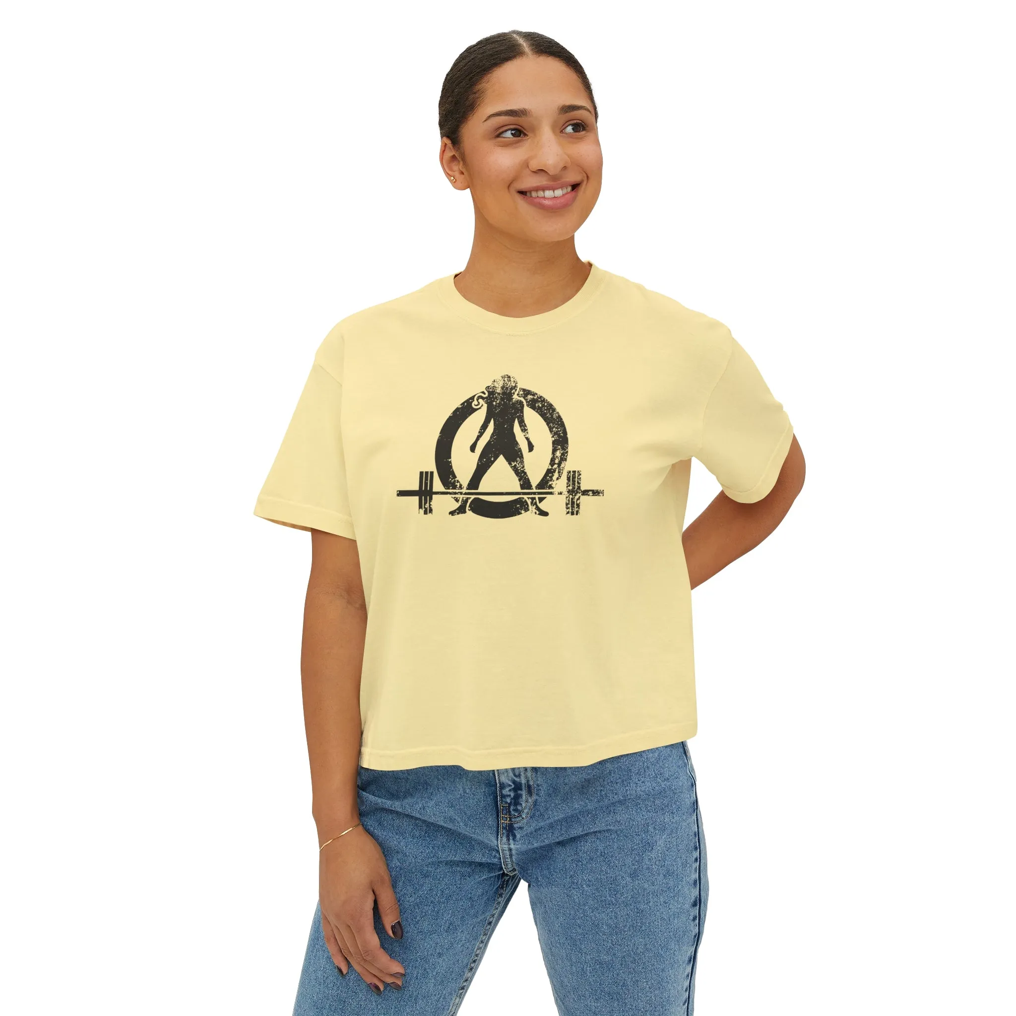 Women's Boxy Tee - Black Distressed Logo Front Plain Back