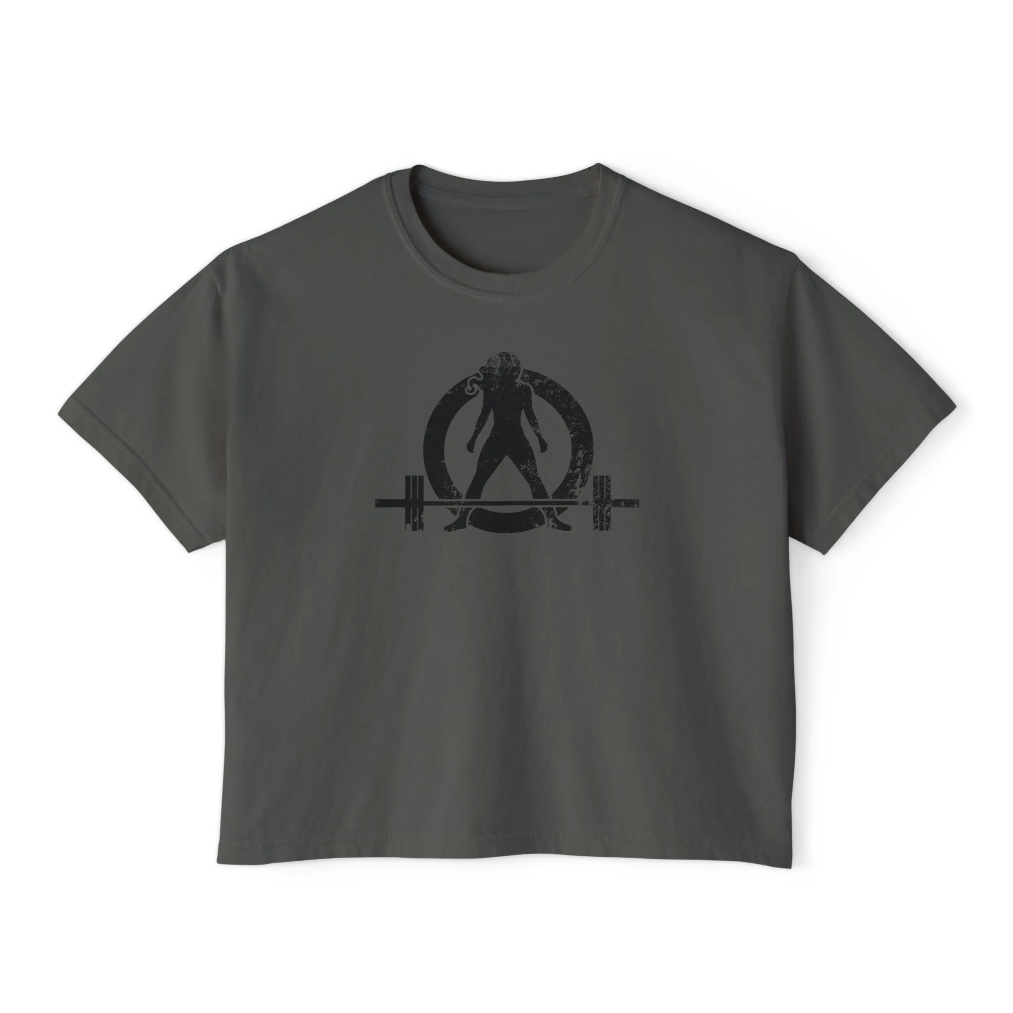 Women's Boxy Tee - Black Distressed Logo Front Plain Back