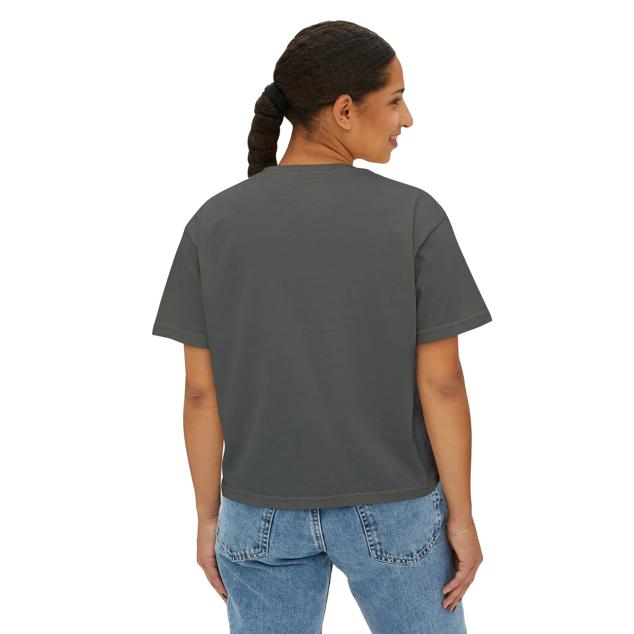 Women's Boxy Tee - Black Distressed Logo Front Plain Back
