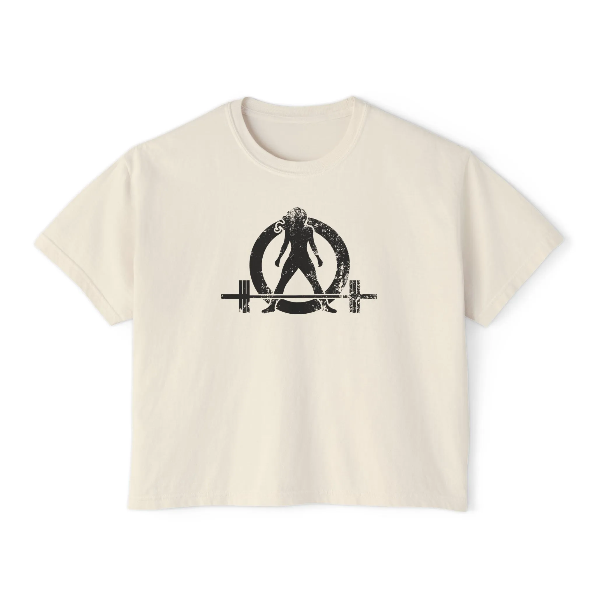 Women's Boxy Tee - Black Distressed Logo Front Plain Back
