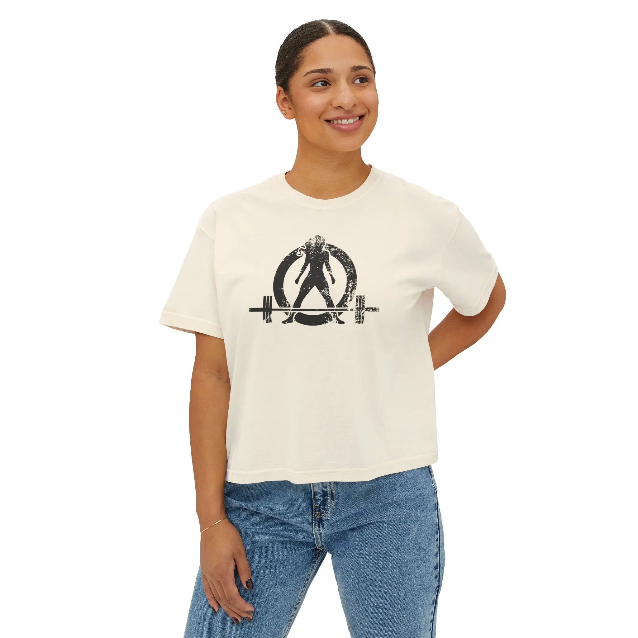 Women's Boxy Tee - Black Distressed Logo Front Plain Back