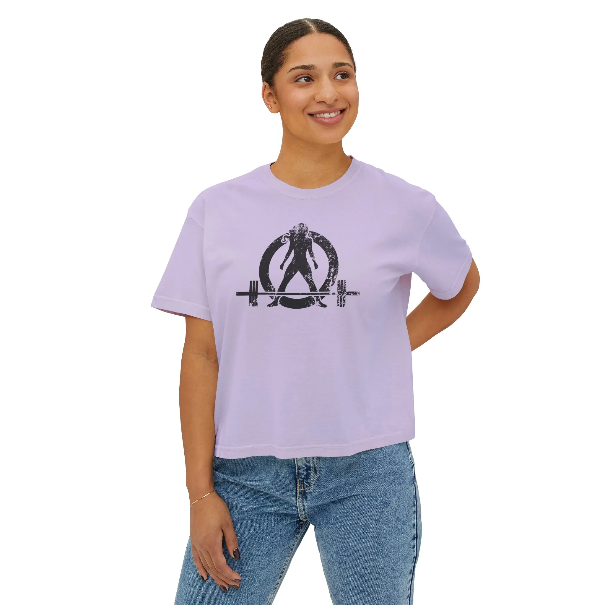 Women's Boxy Tee - Black Distressed Logo Front Plain Back