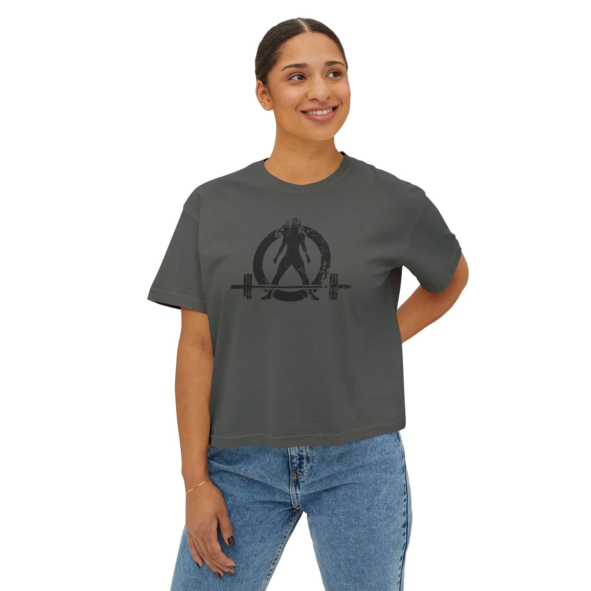 Women's Boxy Tee - Black Distressed Logo Front Plain Back