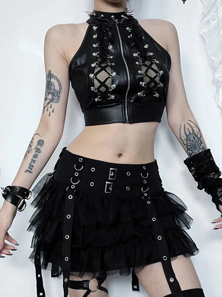 Stylish Womens Grunge Gothic Punk Casual Cold Shoulder Crop Top