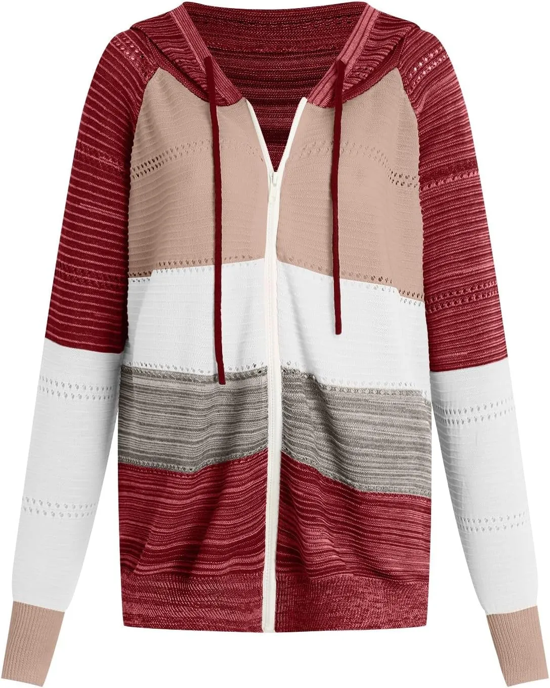 Women's Long Sleeve Knit Sweater Color Block Zip Up Hoodie Drawstring Oversized Sweatshirt Y2k Jacket for Women